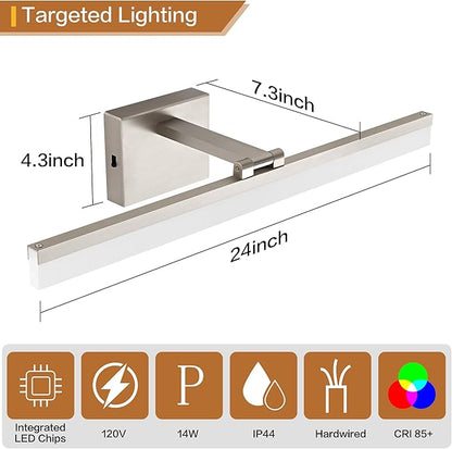 SOLFART Vanity Lights for Bathroom: 24 Inch Bathroom Lighting Fixtures Over Mirror- Brushed Nickel 6000K LED Hardwired Adjustable 180 Degree Light Bar IP44 ETL