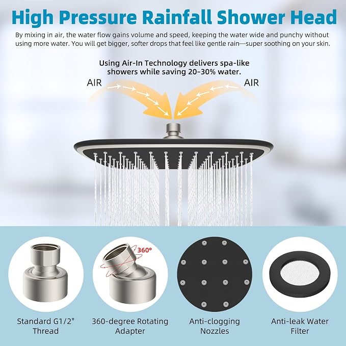 Filtered Rain Shower Head & 12" Extension Arm, 10" High-Pressure Showerhead | Brushed Nickel, Boosting Rainfall/Fixed Showerhead with 20-Stage Shower Filter, Metal Shower Extender Adjustable Height/Angle