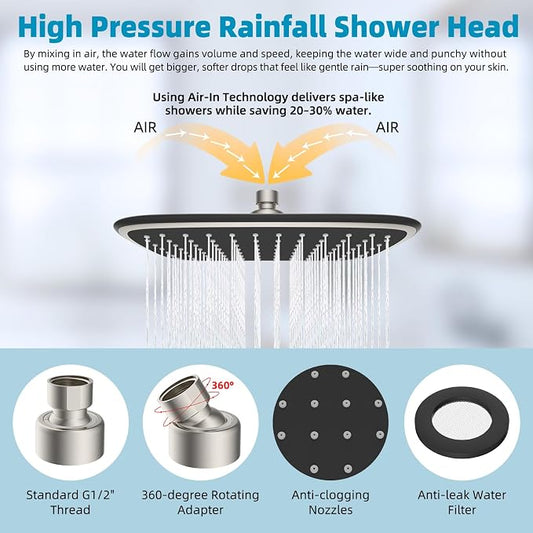 Filtered Rain Shower Head & 12" Extension Arm, 10" High-Pressure Showerhead | Brushed Nickel, Boosting Rainfall/Fixed Showerhead with 20-Stage Shower Filter, Metal Shower Extender Adjustable Height/Angle