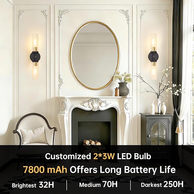 Shenmoyl Set of 2 Wall Sconces, 7800 mAh Battery Operated Wall Sconce with 3 Colors & Remote Control, Black Gold Rechargeable Wall Lamp with Clear Glass Shade for Bedroom, Bathroom, Stairwell, Hallway