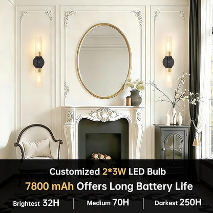Shenmoyl Set of 2 Wall Sconces, 7800 mAh Battery Operated Wall Sconce with 3 Colors & Remote Control, Black Gold Rechargeable Wall Lamp with Clear Glass Shade for Bedroom, Bathroom, Stairwell, Hallway
