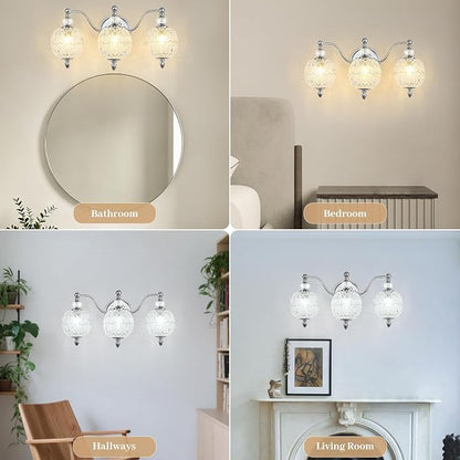 Brushed Chrome Bathroom Vanity Light, 3-Light Mid Century Modern Brushed Chrome Finish Wall Sconce with Globe Glass Shades, Modern Mirror Light for Bathroom, Powder Room