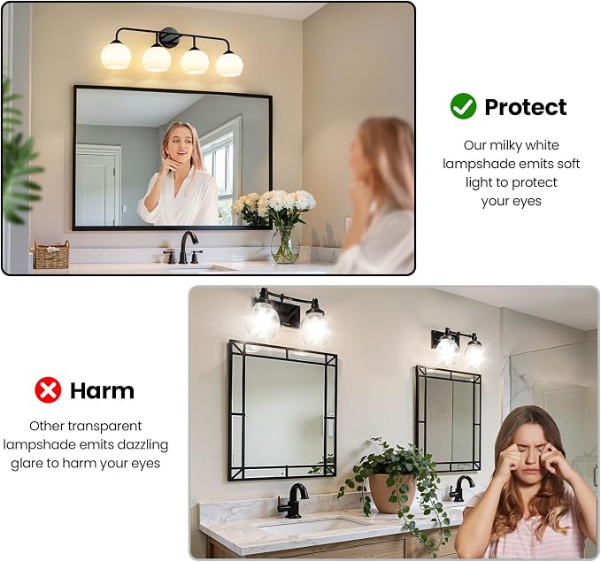 RUIYEY Bathroom Vanity Light Fixtures: 4-Light Matte Black Bathroom Lighting Fixtures Over Mirrors, Farmhouse Rustic Wall Sconce with Milky White Glass for Bath Living Room Cabinet