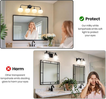RUIYEY Bathroom Vanity Light Fixtures: 4-Light Matte Black Bathroom Lighting Fixtures Over Mirrors, Farmhouse Rustic Wall Sconce with Milky White Glass for Bath Living Room Cabinet