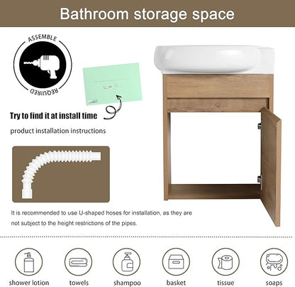 Malwee 16" Floating Bathroom Vanity with Sink, 16 Inch Single Sink Wall Mounted Bathroom Vanity, with 1 Door and White Ceramic Basin Top for Small Space, Modern Wall Hung Cabinet Storage (029-16IMOX)