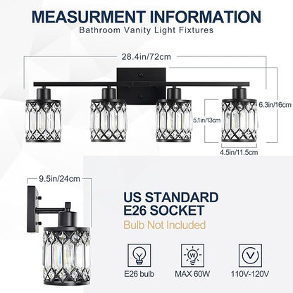 Crystal Modern Bathroom Light Fixtures, 4-Light Black Bathroom Vanity Wall Light, Vanity Lights for Mirror, Restroom, Bedroom (E26 Socket, Bulbs Not Included)