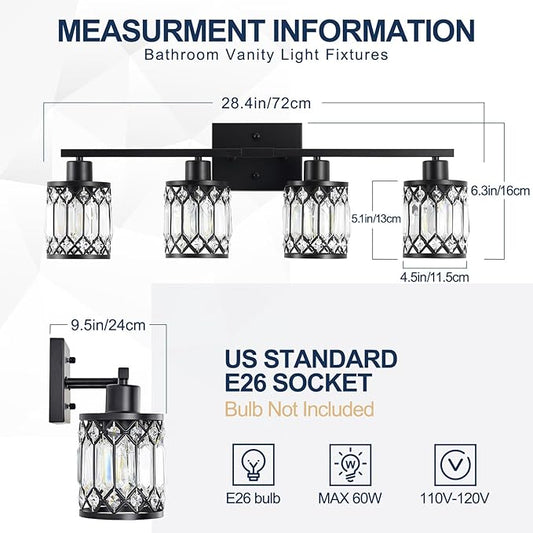 Crystal Modern Bathroom Light Fixtures, 4-Light Black Bathroom Vanity Wall Light, Vanity Lights for Mirror, Restroom, Bedroom (E26 Socket, Bulbs Not Included)