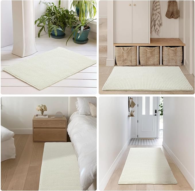 TYUU Cream White Waffle Bath Mat, Boho Bathroom Rugs Non Slip, 30x20 | Super Absorbent Quick Dry Bath Rug, Non-Slip Backing, Soft Waffle Washable Farmhouse Bathroom Mats, Tub, Shower & Home Decor