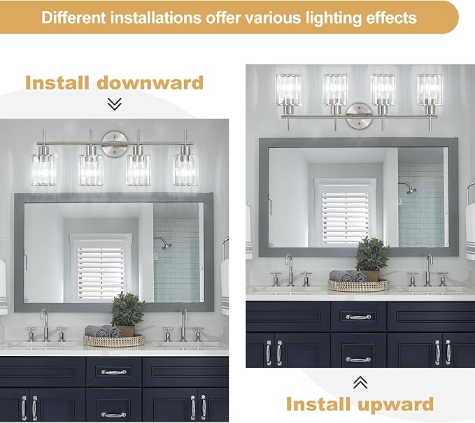 Brushed Nickel Bathroom Light Fixtures, Square, 4-Light | Vanity Lights with Crystal Shades, Modern Bathroom Lighting Fixtures over Mirror (Bulbs Not Included, E26)