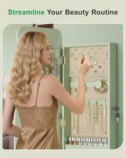 Nicetree Rounded Mirror Jewelry Cabinet, Lockable, Wall Mounted, Green | Hanging Jewelry Armoire Organizer, Rounded Armoire with Full Length Mirror,Wide Mirror with Storage,Gift Idea,Lock