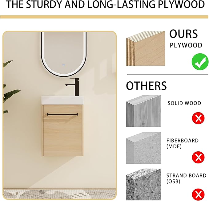 Malwee 16" Floating Bathroom Vanity with Sink, 16 inch Modern Brown Wall Mounted Bathroom Cabinet Combo for Small Space, Narrow Bath Wall-Hung Vanity Set with 1 Ceramic Basin and 1 Door(16cx)