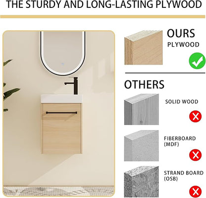 Malwee 16" Floating Bathroom Vanity with Sink, 16 inch Modern Brown Wall Mounted Bathroom Cabinet Combo for Small Space, Narrow Bath Wall-Hung Vanity Set with 1 Ceramic Basin and 1 Door(16cx)