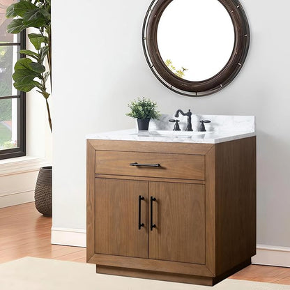 Vanity Art Modern Bathroom Cabinet with Carrara Marble Top, 36 inch Tan Wood Cabinet, Single Sink, Soft Closing Doors, Removable Shelf, VA7036E