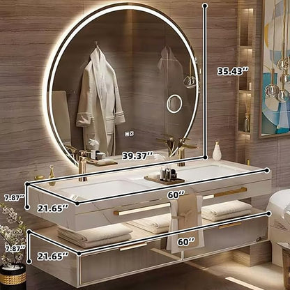 60 Inch Luxury Bathroom Vanity, Floating Bathroom Vanity with Sink and LED Round Smart Defogger Mirror, Multilayer solid wood Spacious Storage Drawer Include Faucet and Drain Fittings,Double Sink