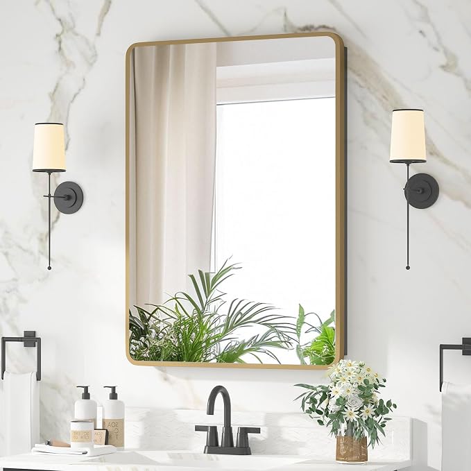 Medicine Cabinet 20 x 28 Inch, Brush Gold Bathroom Medicine Cabinet with Mirror,Metal Beveled Mirror, Adjustable Shelves, Recessed or Wall Mount, Sturdy & Solid, Bathroom Mirror with Storage