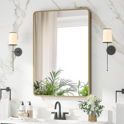 Medicine Cabinet 20 x 28 Inch, Brush Gold Bathroom Medicine Cabinet with Mirror,Metal Beveled Mirror, Adjustable Shelves, Recessed or Wall Mount, Sturdy & Solid, Bathroom Mirror with Storage