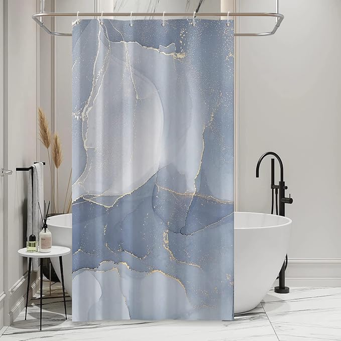 AWERT Small Half Size Stall Shower Curtain with 6 Hooks Shower Stall Curtain 36 x 72 Light Blue Marble Gold 36 inch Shower Curtain for Bathroom/RV and Camper (Blue Marble)