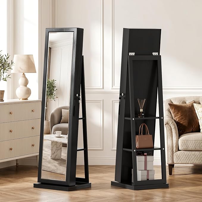 4-In-1 Jewelry Cabinet Jewelry Armoire Lockable Standing, Black | Jewelry Organizer with Storage, Full-Length Mirror, 3 Storage Shelves, Makeup Mirror, 360 ° Swivel Jewelry Armoire for Women