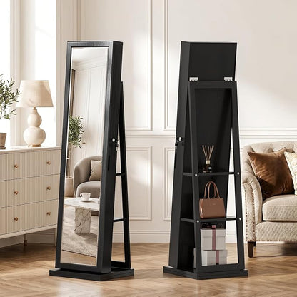 4-In-1 Jewelry Cabinet Jewelry Armoire Lockable Standing, Black | Jewelry Organizer with Storage, Full-Length Mirror, 3 Storage Shelves, Makeup Mirror, 360 ° Swivel Jewelry Armoire for Women