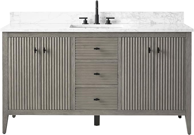 Vanity Art 60 inch Bathroom Vanity with Single Sink & Ceramic Top, Vanity Cabinet with Soft-Closing Door, Solid Wood Frame, Linear Pattern, Driftwood Gray, VA9160-SDG-MB,Matte Black Handles