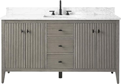 Vanity Art 60 inch Bathroom Vanity with Single Sink & Ceramic Top, Vanity Cabinet with Soft-Closing Door, Solid Wood Frame, Linear Pattern, Driftwood Gray, VA9160-SDG-MB,Matte Black Handles