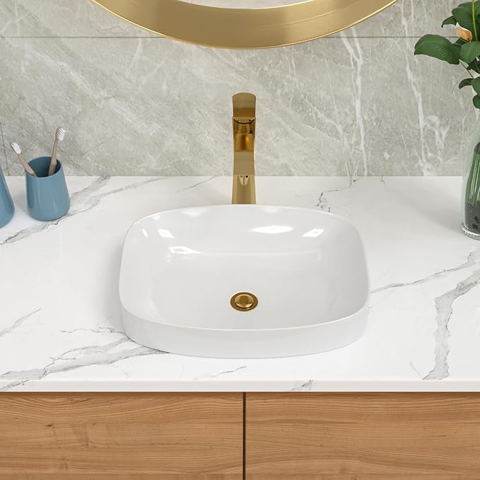 Lordear Vessel Sink Bathroom Semi Recessed Sinks 20 x 15 Inch Oval White Ceramic Vessel Sinks Modern Vanity Sink Bath Wash Bowl Above Counter Basin