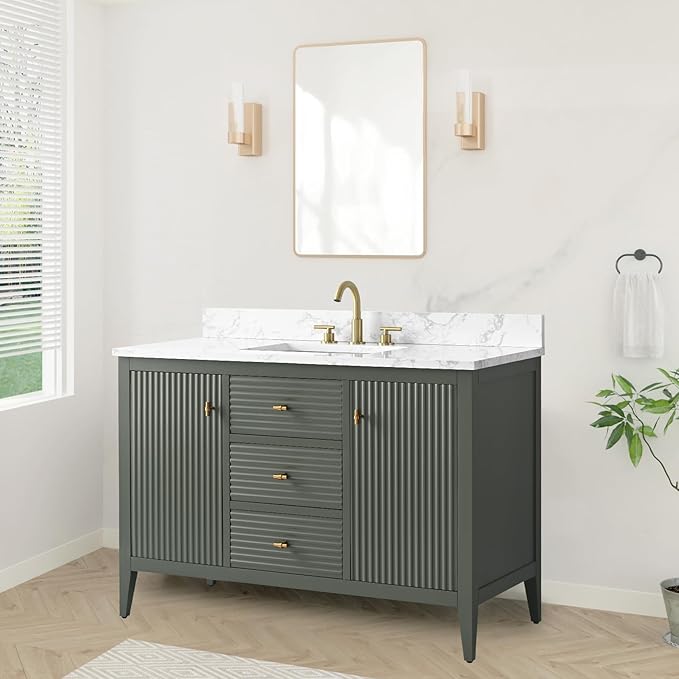 HOMEBEYOND 48" Bathroom Vanity with Sink, Solid Wood Bathroom Vanity Free-Standing Cabinet, Drawers, Ceramic Top & Soft Closing Door, Golden Brushed Handware, Vintage Green