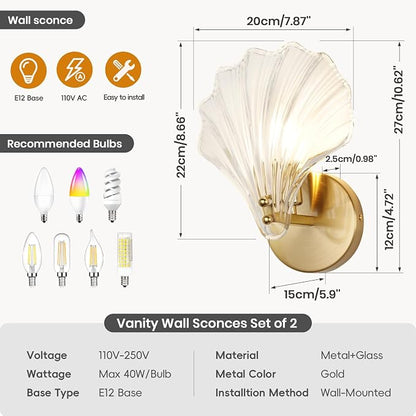 2 Pack Gold Glass Wall Sconces Crystal Wall Light with Clear Shell Shaped Glass Shades, Mid Century Gold Vanity Light Brass Bathroom Light Fixtures Beside The Mirror for Bedroom Porch Indoor