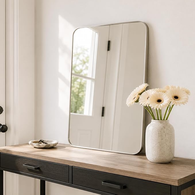 30x36 Inch Brushed Nickel Rounded Rectangle Bathroom Vanity Mirror | For Over-Sink Bathrooms, Corrosion-Resistant Aluminum Frame, Slim Front Profile, Two-Way Mount, Protective Packaging