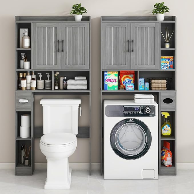 Vabches Farmhouse Over The Toilet Storage Cabinet with Barn Door, Wash Grey | Storage Cabinet Over Toilet, Home Space-Saving Toilet Rack, for Bathroom, Restroom, Laundry