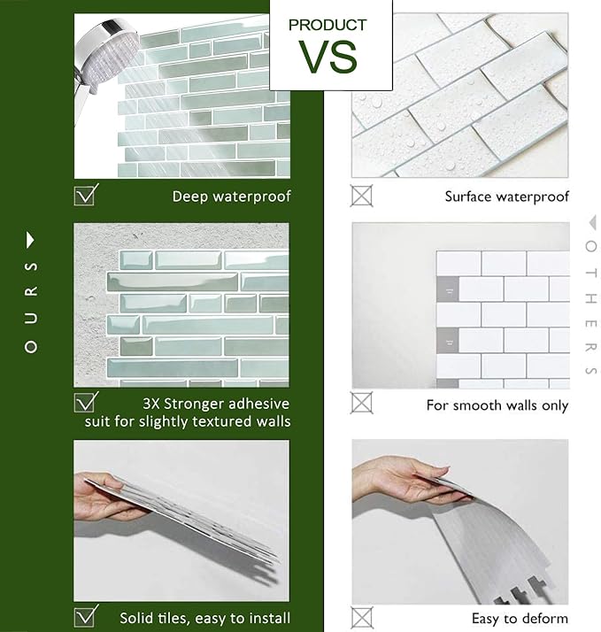 STICKGOO Thicker Peel and Stick Backsplash Tile for Kitchen and Bathroom | 10 Sheets of 12”×12” - 3D Vinyl Self Adhesive Wall Tiles Stick on Backsplash for Kitchen & Bathroom(Solna Green)