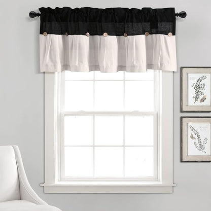 Lush Decor Linen Button Farmhouse Valance Curtians 52" W x 18" L Black & White - Linen Valances for Windows - Kitchen Curtains Valances (Pack of 12)