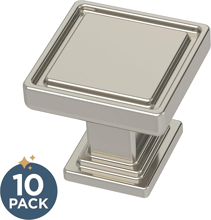 Franklin Brass 10 Pack Polished Nickel Cabinet Knobs 1 inch (25mm) Kitchen Cabinet Handles and Drawer Knobs for Cupboards, Dressers, Furniture, Bathroom Vanity |Recessed Square