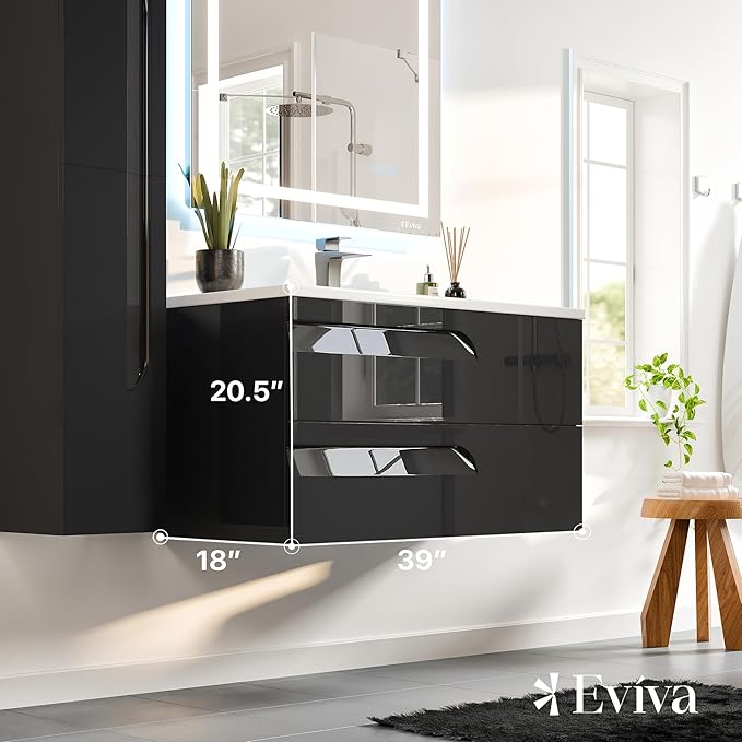 Eviva Joy 40 in. Black Wall MountSingle Sink Bath Vanity with Porcelain Top and Integrated Sink