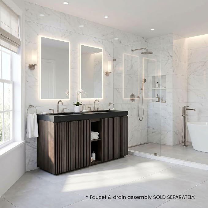 60" Double Bathroom Vanity with Sink (8" Widespread Faucet Holes Predrilled), Mid Century Modern Bathroom Cabinet with 4 Doors & Shelves, Matte Black Sink with Overflow, Smoked Oak