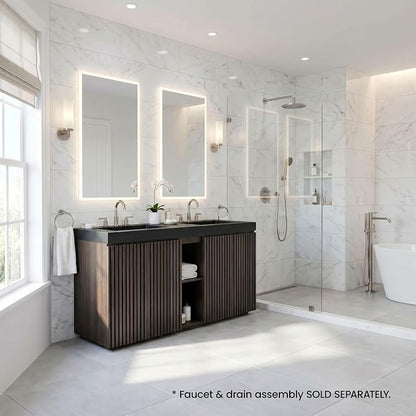 60" Double Bathroom Vanity with Sink (8" Widespread Faucet Holes Predrilled), Mid Century Modern Bathroom Cabinet with 4 Doors & Shelves, Matte Black Sink with Overflow, Smoked Oak