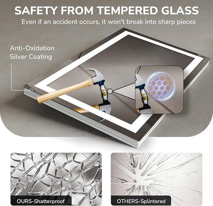 48x32 Inch LED Bathroom Mirror for Over Sink | Tempered Glass - Frameless Backlit Lighted Mirror for Bathroom Vanity with Anti-Fog, 3 Colors Dimmable, Memory Function
