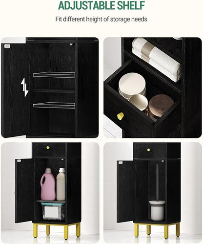 Bathroom Storage Cabinet, Corner Floor Cabinet with Drawers and Doors, Narrow Toilet Paper Holder, Bathroom Organizer with Adjustable Shelf, for Small Spaces, Black BC29804G