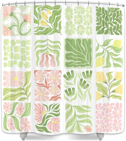 JAWO Sage Green Cute Boho Floral Shower Curtain, Colorful Abstract Floral Retro Aesthetic Shower Curtain for Bathroom, Funky Unique Waterproof Fabric Polyester Bath Curtains with Hooks,47Wx64H