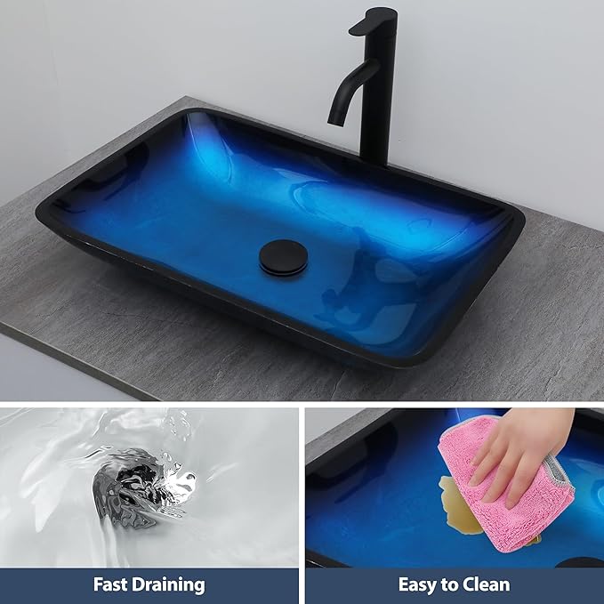 Logmey 22" Glass Bathroom Vessel Sink Vanity Countertop Rectangular Bowl with Black Pop up Drain Set,Glass Art Basin,Blue