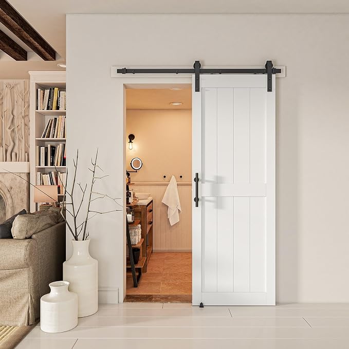 28''x84'' Sliding Barn Door with 5 Ft Barn Door Hardware Kit | Pre-Drilled Holes Easy Assembly - Include Installation Manual, Water-Proof PVC Surface, H-Frame, White