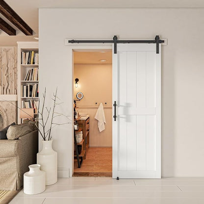 28''x84'' Sliding Barn Door with 5 Ft Barn Door Hardware Kit | Pre-Drilled Holes Easy Assembly - Include Installation Manual, Water-Proof PVC Surface, H-Frame, White
