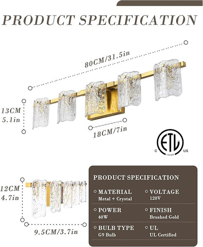 5-Light Bathroom Vanity Lights, 31" Brushed Gold Bathroom Light Fixtures Over Mirror with Clear Glass, Modern Bath Wall Sconce Lighting for Bath Restroom, OS-MM5002-5BG