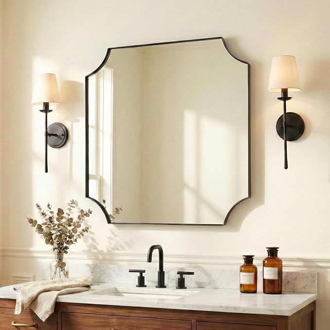 30"x30" Square Bathroom Mirror, Matte Black Vanity Mirror, Modern Scalloped Bathroom Mirror in Premium Stainless Steel Frame, Unique Scalloped Corner Design Ideal for Bathroom Remodel