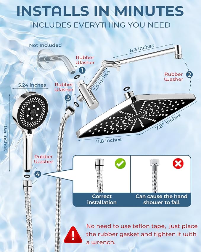 Shower Head with Handheld,High Pressure Chrome Rain Shower Head | Regaderas Para Shower,11.8" Rectangular,Rainfall Shower Head,Dual Shower Head,Bathroom Decor,Extension Arm,7 Spray Mode