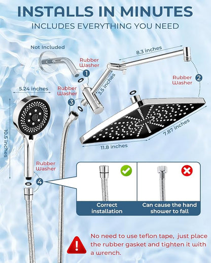 Shower Head with Handheld,High Pressure Chrome Rain Shower Head | Regaderas Para Shower,11.8" Rectangular,Rainfall Shower Head,Dual Shower Head,Bathroom Decor,Extension Arm,7 Spray Mode
