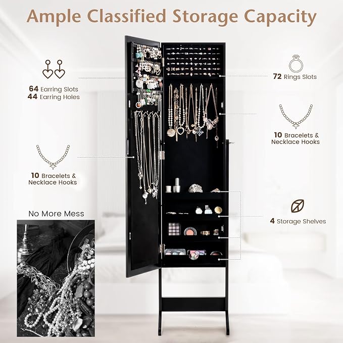MAT EXPERT Jewelry Armoire Cabinet w/Full-Length Mirror, Jewelry Organizer Standing Mirror w/ 4 Shelves, 3 Adjustable Tilt Angles, Anti-toppling Device, Jewelry Cabinet for Bedroom, Living Room, Black