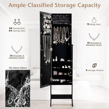 MAT EXPERT Jewelry Armoire Cabinet w/Full-Length Mirror, Jewelry Organizer Standing Mirror w/ 4 Shelves, 3 Adjustable Tilt Angles, Anti-toppling Device, Jewelry Cabinet for Bedroom, Living Room, Black