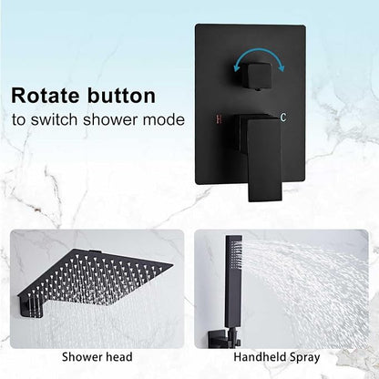 12 Inch Shower Faucet Set,Matte Black Shower System With Handheld | Square Shower Head with Shower Trim Kit And Handheld Shower Valve,Multi-function Rainfall,Rain Shower & Handheld Spray Combo
