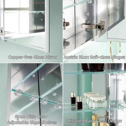 96" x 36" Bathroom Medicine Cabinet with Mirror, Anodized Chrome Aluminum Frame, Surface Mount or Recessed Medicine Cabinet with Mirror, Bathroom Mirror with Storage, Five Doors